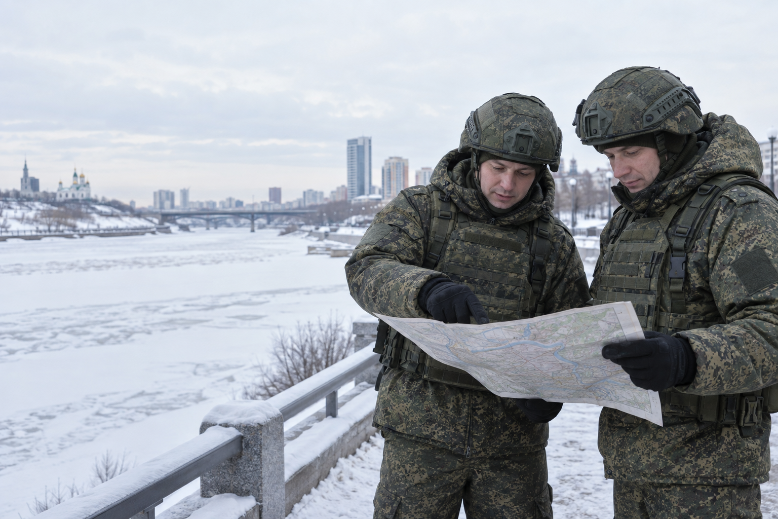 Два военнослужащих изучают карту у реки Туры